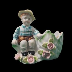 Charming Boy Figurine with Pink Roses Planter VNTG Japan Great Condition
